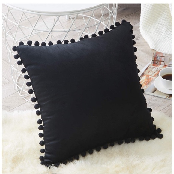 Classic Black Farmhouse Adorable Preppy Cute Pompom Throw Pillow Cover/Case Set - Picture 3 of 16